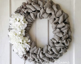 White Hydrangea Flower Wreath, Easter Wreath, Hydrangea Wreath, Spring Wreath, Farmhouse Wreath, Burlap Wreath