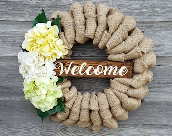 Burlap Spring Wreath, Summer Wreath, Floral Wreath, Hydrangea Wreath, Farmhouse Wreath, Welcome Green Ivory Yellow