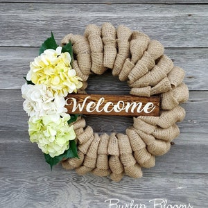 Burlap Spring Wreath, Summer Wreath, Floral Wreath, Hydrangea Wreath, Farmhouse Wreath, Welcome Green Ivory Yellow