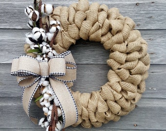 Cotton Wreath, Burlap Cotton Wreath, Year Round Wreath, Farmhouse Wreath Front Door Wreath, Black and White Buffalo Plaid Ribbon