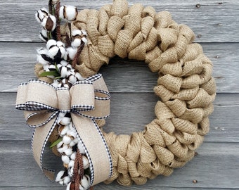 Cotton Wreath, Burlap Cotton Wreath, Year Round Wreath, Farmhouse Wreath Front Door Wreath, Black and White Buffalo Plaid Ribbon