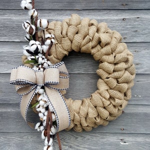Cotton Wreath, Burlap Cotton Wreath, Year Round Wreath, Farmhouse Wreath Front Door Wreath, Black and White Buffalo Plaid Ribbon