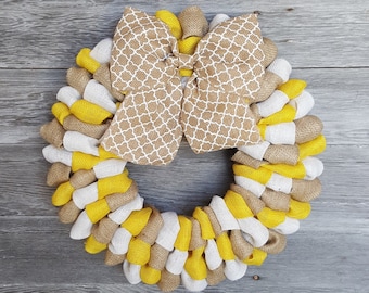 Spring Wreath, Summer Wreath, Burlap Wreath, Year Round Wreath, Yellow Wreath, Front Door Wreath, Everyday Wreath