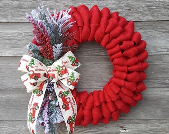 Red Truck Wreath, Burlap Wreath, Christmas Wreath, Farmhouse Wreath, Holiday Wreath, Berry Wreath, Evergreen Wreath, Winter Wreath