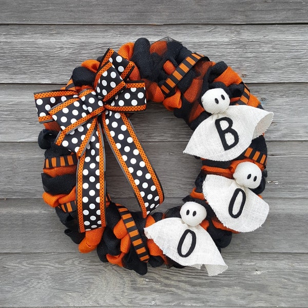 Burlap Halloween Wreath, Ghost Wreath, BOO Wreath, Fall Wreath, Autumn Wreath, Polka Dot Orange Black, Halloween Decor