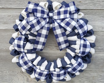 Navy Gingham Wreath, Burlap Wreath, Holiday Wreath, Farmhouse Wreath, Front Door Wreath, Country Wreath, Everyday Wreath, Year Round Wreath