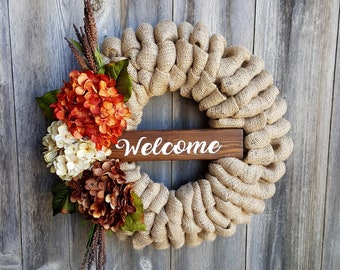 Burlap Fall Wreath, Autumn Wreath, Floral Wreath, Burlap Wreaths, Farmhouse Wreath, Welcome Wreath