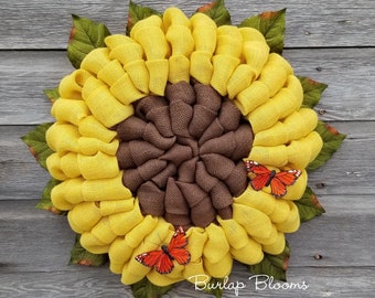 Yellow Sunflower Wreath, Burlap Sunflower, Summer Wreath, Fall Wreath, Sunflower Wreath for Front Door, Home Decor-Pick Your Butterfly Color