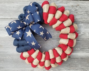 Rustic 4th of July Wreath, Burlap Patriotic Wreath, Memorial Day Wreath, Independence Day American Flag Military Stars and Stripes Summer