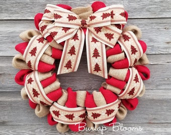 Buffalo Plaid Christmas Tree Wreath, Holiday Wreath, Red Black Buffalo Check Wreath, Seasonal Wreath, Burlap Wreath, Christmas Burlap Wreath