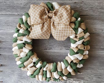 Spring Burlap Wreath, Year Round Wreath, Burlap Wreath, Front Door Wreath, Farmhouse Wreath, Hunter Green Wreath