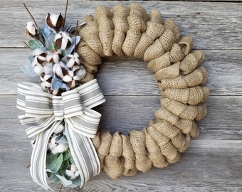 Farmhouse Wreath, Burlap Wreath, Cotton Wreath, Lambs Ear Wreath, Year Round Wreath, Spring Wreath, Gray and White Stripe Ribbon