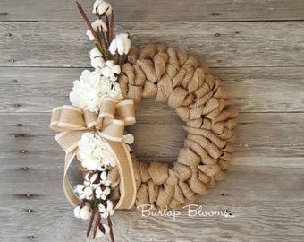 Cotton Wreath, Burlap Wreath, Hydrangea Wreath, Burlap Cotton Wreath, Spring Wreath, Easter Wreath, Farmhouse Wreath, Everyday Wreath