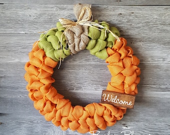 Orange Burlap Pumpkin Wreath, Fall Wreath, Pumpkin Wreath, Fall Decor, Welcome Wreath, Thanksgiving Wreath, Halloween Wreath