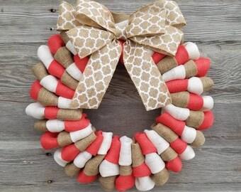Spring Wreath, Coral Tan White, Beach Wreath, Summer Wreath, Everyday Wreath, Home Decor, Burlap Wreath