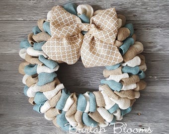 Spring Burlap Wreath, Summer Wreath, Year Round Wreath, Beach Wreath, Front Door Wreath, Farmhouse Wreath, Blue Wreath