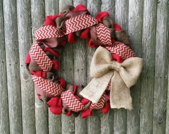 Burlap Wreath, Year Round Wreath, Red Burlap Wreath, Brown Burlap Wreath, Everyday Wreath, Rustic Wreath