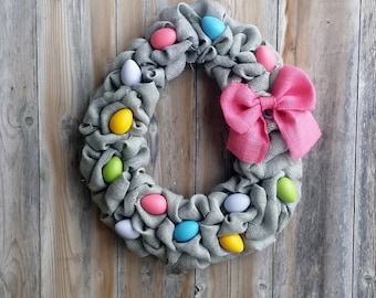 Easter Wreath, Egg Wreath, Easter Decor, Burlap Easter Wreath, Bright Eggs