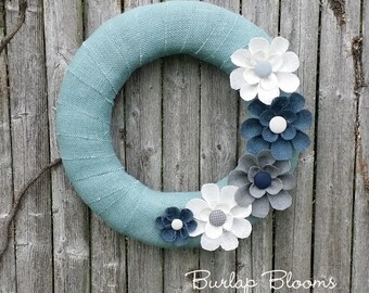 Navy Gray White Burlap Year Round Wreath Floral Handmade Flowers Billow Blue Front Door Chic Rustic Beach Spring Summer