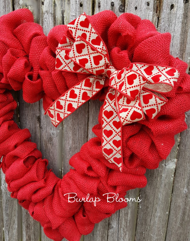 Burlap Valentine Wreath, Heart Wreath, Red Wreath, Burlap Wreath, Valentine's Day Wreath, White or Tan Bow image 4