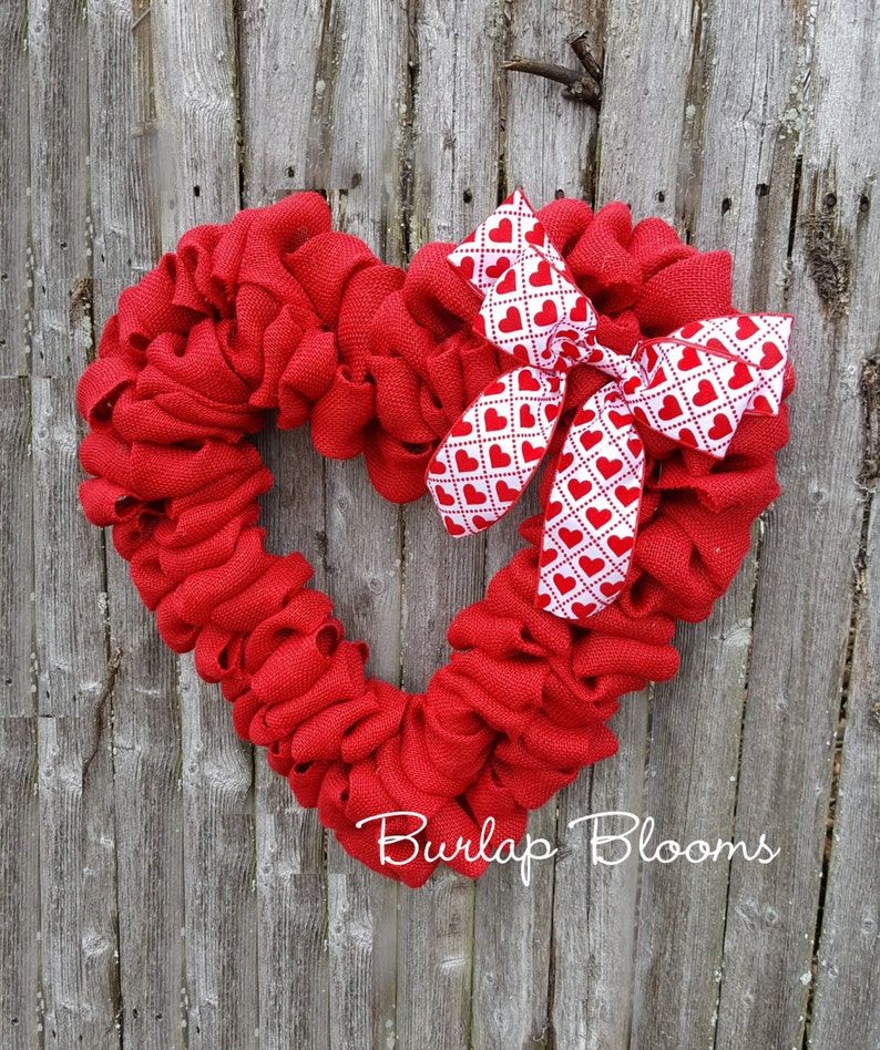 Burlap Valentine Wreath, Heart Wreath, Red Wreath, Burlap Wreath, Valentine's Day Wreath, White or Tan Bow image 3