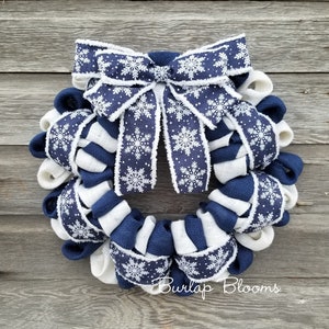 Snowflake Burlap Wreath, Winter Wreath, Snowflake Wreath, Navy White Wreath, Front Door Wreath, Snow