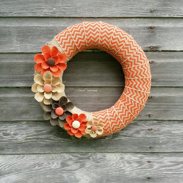 Orange Burlap Wreath, Autumn Wreath, Wreaths, Orange Chevron Wreath, Home Decor Front Door Fall Floral