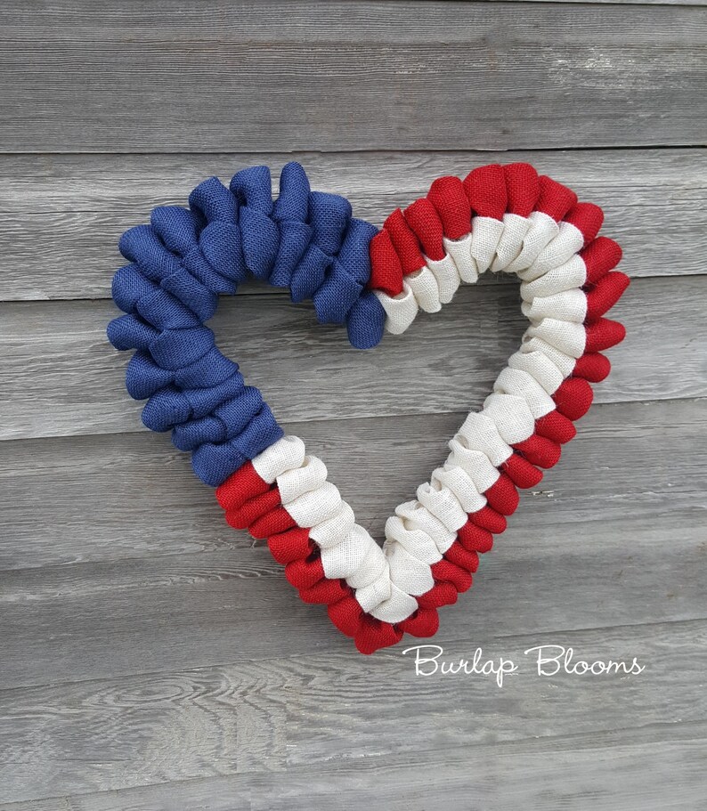Patriotic Wreath Red White Blue Wreath I love America Wreath Heart 4th of July Wreath Burlap Wreath