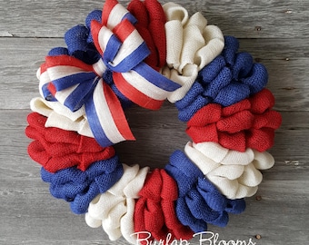 Patriotic 4th of July Wreath – Red, White & Blue Burlap for Front Door and Memorial Day