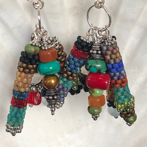 Gorgeous Southwest Earrings Bead Weave Seed Beads and Semiprecious Stones Sterling Silver Sundance Inspired Santa Fe Jewelry Jeans Jewelry