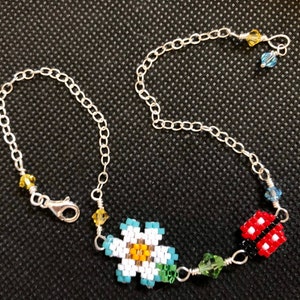 Whimsical Lady Bug and Flower Bead Weave Anklet with Sterling Silver Chain and Lobster Claw Clasp