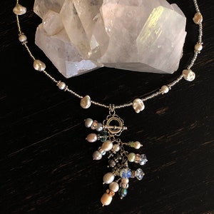 White Freshwater Pearl Pendant Necklace Baroque Pearls Crystals Sterling Silver Toggle Pendant