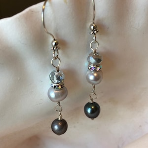 Pearl Dangle Earrings with Crystals Sterling  Silver Dressy or Casual Jeans Jewelry June Birthday Gift