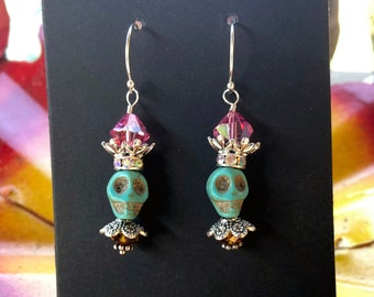 Turquoise Skull Earrings, Swarovski Crystals, Sterling Silver