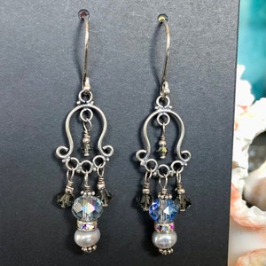 Sterling Silver, Swarovski Crystal and Freshwater Pearl, Chandelier Earrings