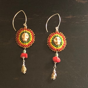 Mexican Skull Drop Earrings Cinco De Mayo Red Yellow Green Seed Beads Copper Accent Red Coral Turquoise Crystal Teardrop Sterling Silver