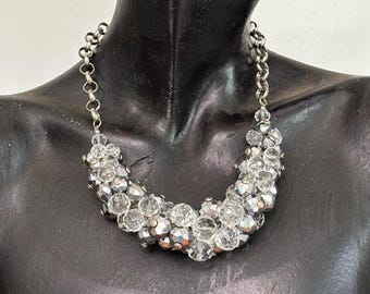 Crystal Cluster Bib Necklace Clear and Silver Faceted Sparkling Beads