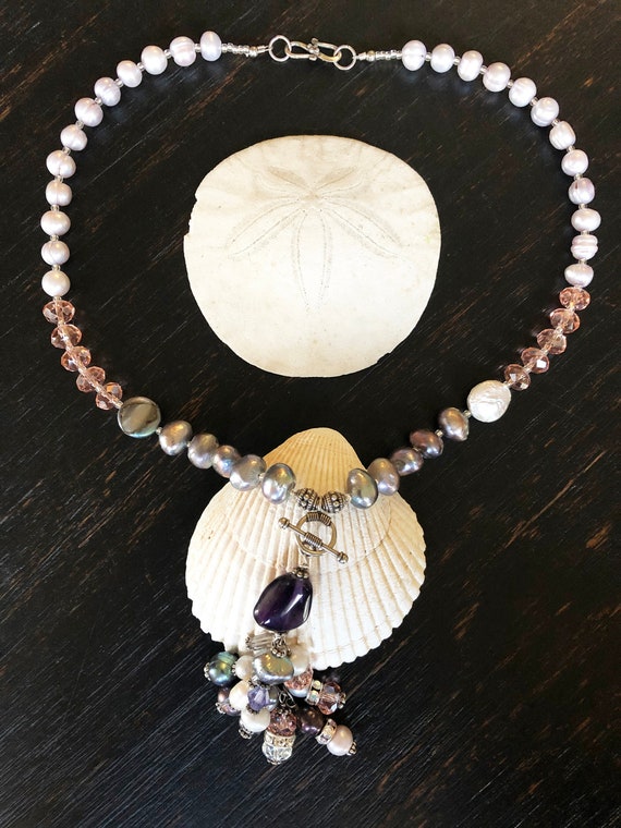Pendant Necklace Freshwater Pearls, Topaz, Swarovski Crystals, Amethyst  Sterling Silver Ocean Necklace February Birthday - Etsy