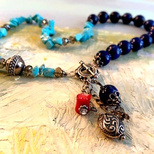 Blue Lapis Turquoise Necklace Sterling Silver Toggle Pendant Santa Fe Inspired Desert Jewelry Bali Silver Red Coral Jeans Jewelry