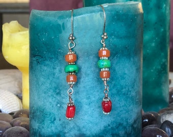 Sterling Silver Dangle Earrings: Carnelian, Turquoise & Coral, Southwest Jewelry