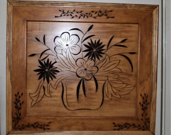 Hand Carved Potted Flowers on Hand Carved Frame