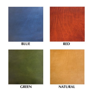 May include: Four leather swatches in different colors: blue, red, green, and natural.