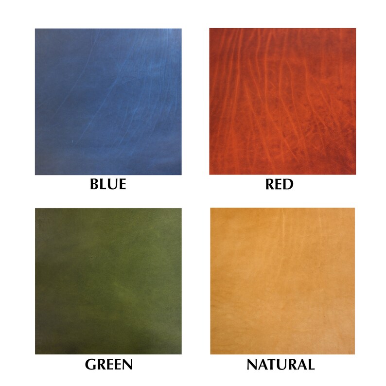May include: Four leather swatches in different colors: blue, red, green, and natural.