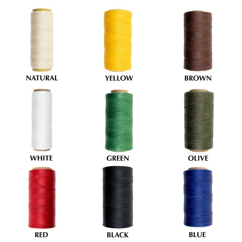 May include: Nine spools of waxed thread in various colors: natural, yellow, brown, white, green, olive, red, black, and blue.
