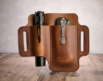EDC Leather Knife pouch- Every Day Carry Knife and flashlight Holster, Spyderco, Leatherman