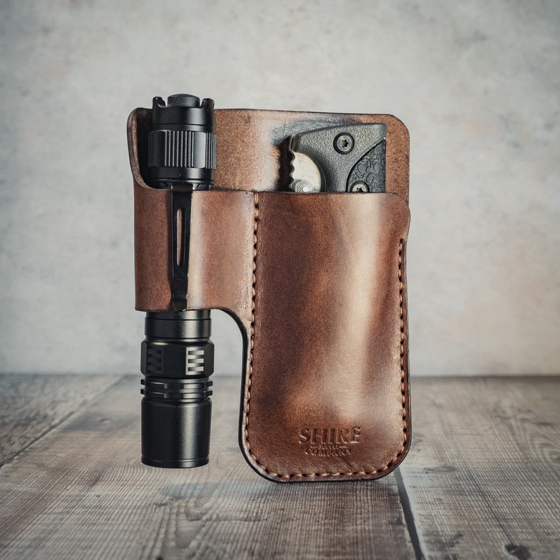 EDC Leather Knife Pouch Every Day Carry Knife Flashlight Etsy