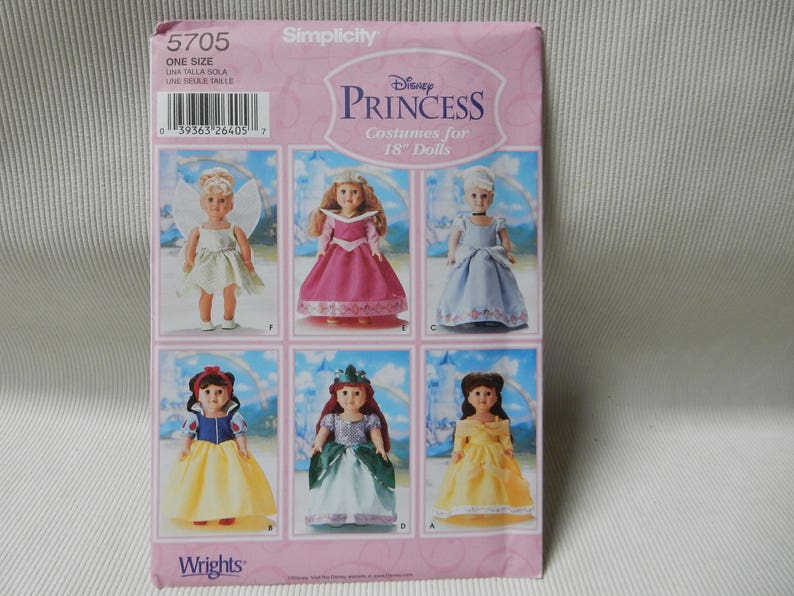 Simplicity 5705 Disney Princess Wardrobe For 18 Doll Etsy