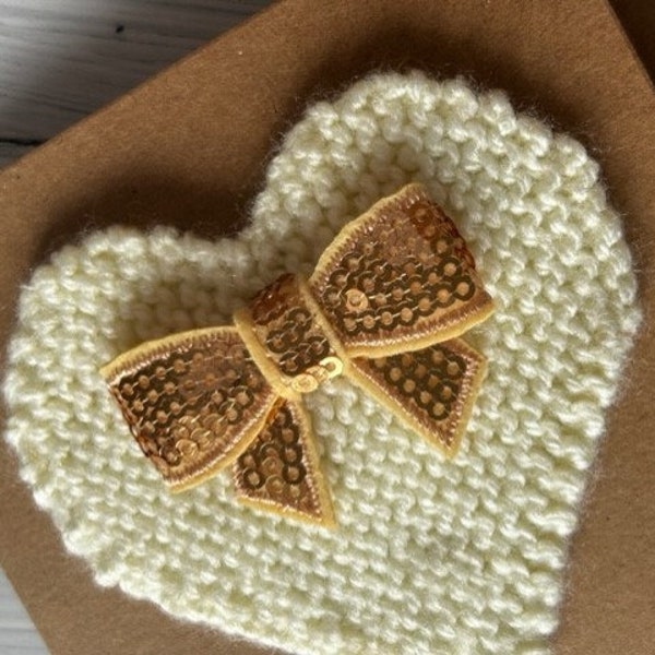 Blank Card Any Occasion Valentine Get Well Soon Birthday Anniversary Hand Knitted Heart with Gold Sequined Bow 10cm x 10cm