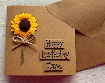 Personalised Name Sunflower Happy Birthday Card Handmade Rustic