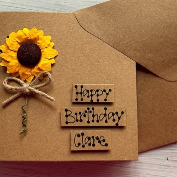 Personalised Name Sunflower Happy Birthday Card Handmade Rustic